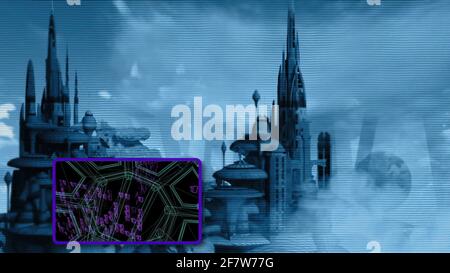 city in the future with hud element and spaceship Stock Photo