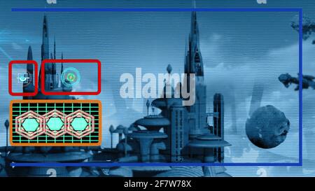 city in the future with hud element and spaceship Stock Photo