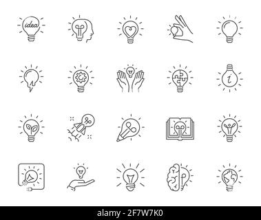 Set of vector outline icons of light bulbs with various symbols of creative thinking Stock Vector