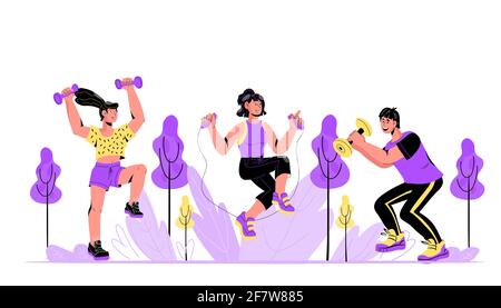 Outdoor sport activity concept of colorful banner with exercising men and women, cartoon vector illustration. People doing sport training workout, lea Stock Vector