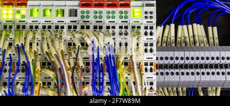 Terminal of control cable and wire duct.Terminal block. Industrial power case. Stock Photo