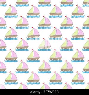 boat on the waves. Seamless pattern for texture, textiles, packaging, and simple backgrounds. Flat style. Stock Vector