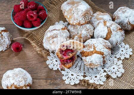 Raspberry amaretti biscuits - traditional Italian dessert. High angle view Stock Photo