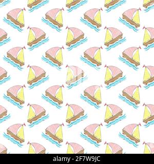 boat on the waves. Seamless pattern for texture, textiles, packaging, and simple backgrounds. Flat style. Stock Vector