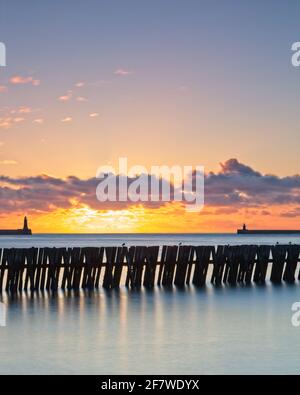 Sunrise at the mouth of the River Tyne captured from the Fish Quay Beach near to Tynemouth Lifeboat Station in North Shields. Old groynes stand in the Stock Photo