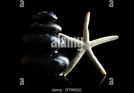 Water drops on black zen pebbles and white starfish. Spa and healthcare concept. Stock Photo
