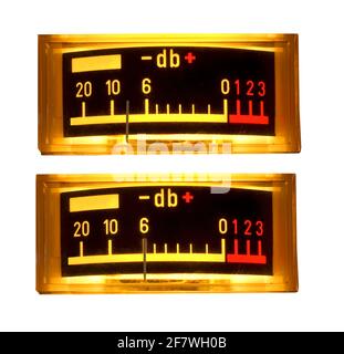 set of two vintage VU Meter used in vintage audio gear like tape recorders or amplifiers, isolated on white background Stock Photo