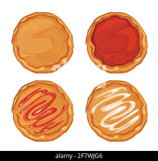 Base pizza set, Making about collecting pizza. Raw, cooked dough with toppings of cheese, tomato sauce and mayonnaise. Vector cartoon Stock Vector