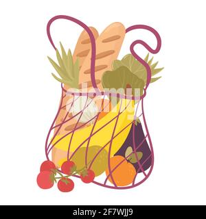 Shopping hand drawn bag flat vector illustrations. Grocery purchase,  package  with vegan products.  Water bottle, bread, fruits, vegetables. Stock Vector