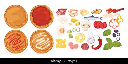A set of ingredients for collecting pizza, dough, meat and vegetables. Juicy Italian pizza constructor. Vector Stock Vector