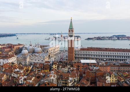Panoramic aerial view of Venice, San Marco Campanile and Basilica Santa Maria della Salute. Italy Stock Photo