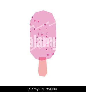 Low poly pink popsicle on white background with overprint blending. Bright colorful vector ice cream with crumbs on it. Stock Vector