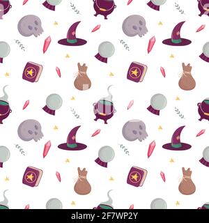 Witch seamless pattern with esoteric tools. Witchcraft supply Stock Vector