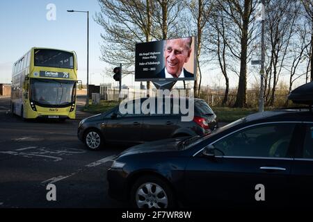 Glasgow, UK, 10th April 2021. Tribute to His Royal Highness Prince Philip, Duke of Edinburgh, plays on digital display boards as the nation mourns his passing at the age of 99-years. Photo credit: Jeremy Sutton-Hibbert/Alamy Live News Stock Photo
