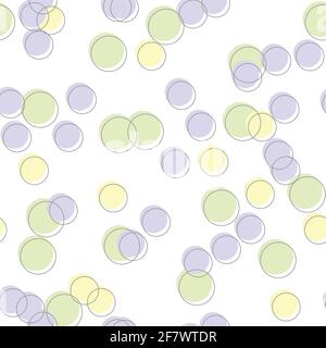 Multicolored circles on a light background. Seamless endless pattern pattern of circles yellow, purple, green color with gray strokes Stock Vector