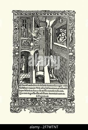 David and Bathsheba, Page from a 15th Century French prayer book, Medieval art Stock Photo