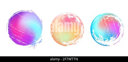 Set of round grunge template with gradient neon foil backgrounds with scratches and attrition. Vector round badges for banners, stickers. Stock Vector