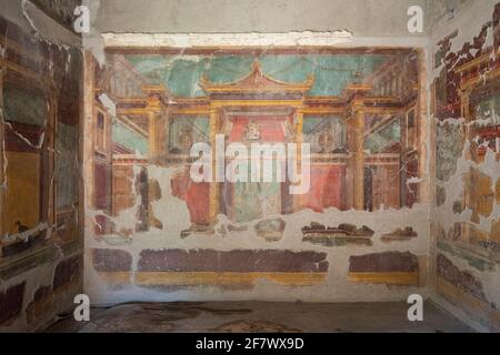 Torre Annunziata. Italy. Archaeological site of Oplontis (Villa di Poppea / Villa Poppaea / Villa A). Sitting room decorated with frescoes in the Seco Stock Photo
