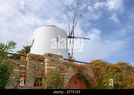 Traditional Greek windmill on Antiparos island in the Cyclades, Greece. Stock Photo