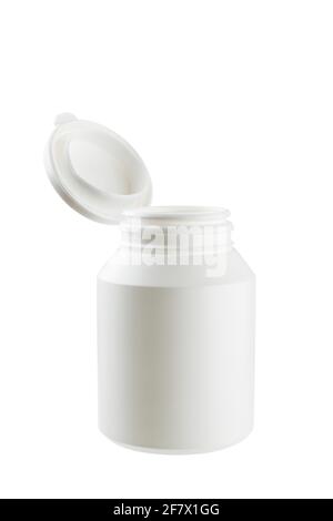 Open medicine plastic bottle, isolated on white background. Stock Photo