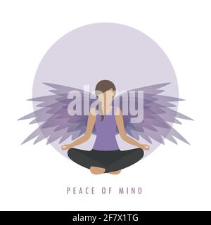 peace of mind girl in meditation pose with wings Stock Vector