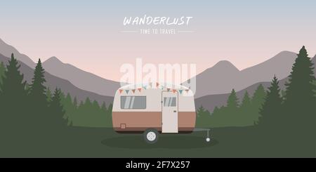 wanderlust camping adventure in the wilderness with camper Stock Vector