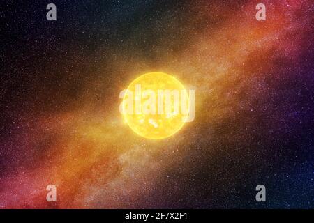 Bright Sun against dark starry sky and Milky Way in Solar System, elements of this image furnished by NASA Stock Photo