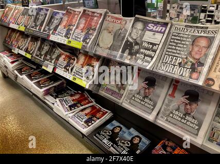 Prince Philip Newspaper Front Pages on show in Waitrose Supermarket Saffron Walden Essex, UK. 10th Apr, 2021. On the day after HRH Prince Philip Duke of Edinburgh consort to HM The Queen Elizabeth died at Windsor Castle the British National Press mirrored the national mood of sorrow at the Dukes passing aged 99. Photograph Credit: BRIAN HARRIS/Alamy Live News Stock Photo