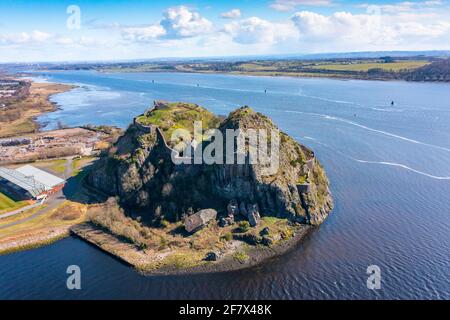 Aerial view from drone of Dumbarton Castle (closed during Covid-19 lockdown) on Dumbarton Rock beside River Clyde, Scotland, UK Stock Photo