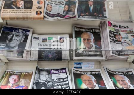 UK 10 April 2021.  UK newspapers after the announcement yesterday of the death at Windsor Castle of Prince Philip, the Duke of Edinburgh. Credit: Janet Sheppardson/Alamy Stock Photo