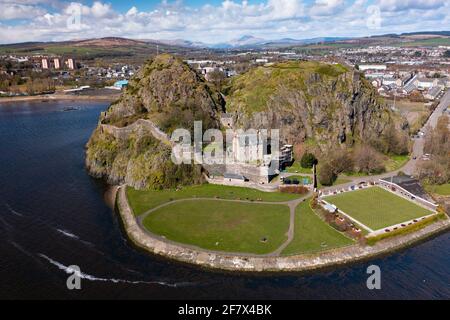 Aerial view from drone of Dumbarton Castle (closed during Covid-19 lockdown) on Dumbarton Rock beside River Clyde, Scotland, UK Stock Photo