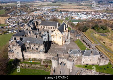 Aerial view from drone of Stirling Castle (closed during Covid-19 lockdown) in Stirling, Scotland, UK Stock Photo