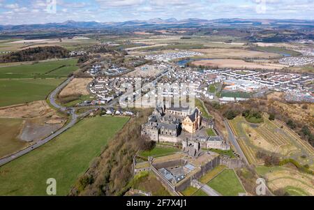 Aerial view from drone of Stirling Castle (closed during Covid-19 lockdown) in Stirling, Scotland, UK Stock Photo