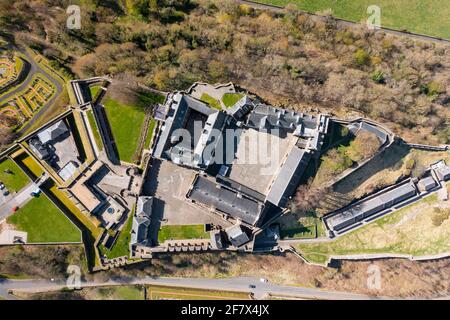Aerial view from drone of Stirling Castle (closed during Covid-19 lockdown) in Stirling, Scotland, UK Stock Photo