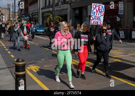 Cardiff, Wales, UK. 10th Apr, 2021. Protesters calling for gyms to reopen in Wales marches through Cardiff city centre. Credit: Mark Hawkins/Alamy Live News Stock Photo