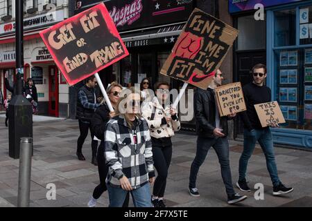 Cardiff, Wales, UK. 10th Apr, 2021. Protesters calling for gyms to reopen in Wales marches through Cardiff city centre. Credit: Mark Hawkins/Alamy Live News Stock Photo