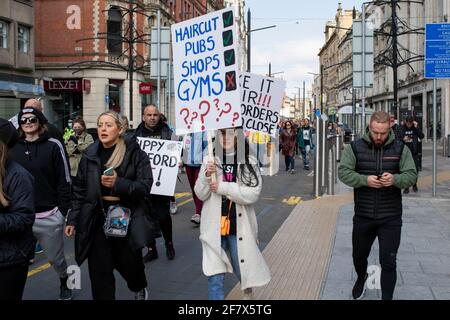 Cardiff, Wales, UK. 10th Apr, 2021. Protesters calling for gyms to reopen in Wales marches through Cardiff city centre. Credit: Mark Hawkins/Alamy Live News Stock Photo