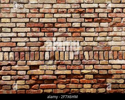 Horizontal part of a Venetian old red brick wall, background, Stock Photo