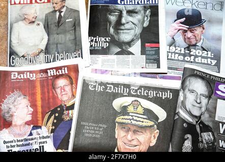 London, UK. 10th Apr, 2021. British Newspapers pay tribute to Prince Philip who died on April 9th aged 99. Credit: Mark Thomas/Alamy Live News