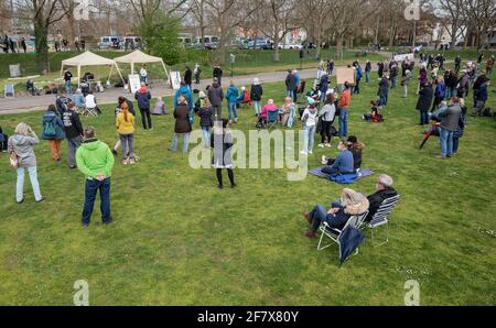 10 April 2021, Baden-Wuerttemberg, Heilbronn: People take part in a demonstration of the initiative 'Querdenken' near the Theresienwiese. The demonstration is directed against the pandemic restrictions of the federal government. Photo: Christoph Schmidt/dpa Stock Photo