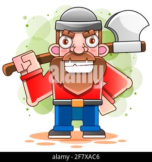 Lumberjack with axe and downed log, forest background. Vector Stock Vector