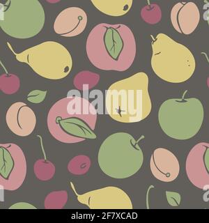 Vector seamless pattern with different fruits. Apple, peach, pear, cherry, apricot on grey background. Stock Vector