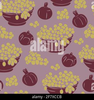 Vector seamless pattern with grape on bowl and pomegranate. Vector fruits pattern. Stock Vector