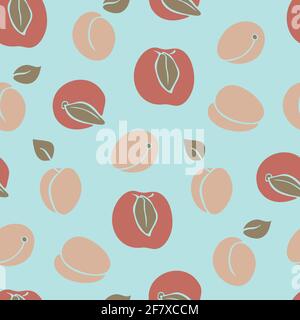 Vector seamless pattern with apricot and peach fruits on a light blue background. Design with fruits. Stock Vector