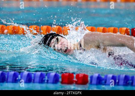 EINDHOVEN, NETHERLANDS - APRIL 10: Kim Jansen van Galen of the Netherlands during the Women 400m Medley during the Eindhoven Qualification Meet at Pie Stock Photo