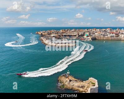 Boats off the coast of the ancient city of Akko aerial photography israel Stock Photo