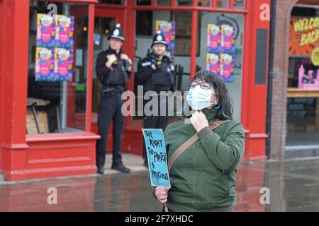Worcester, Worcestershire, UK – Saturday 10th April 2021 – Kill The Bill protesters demonstrate in Worcester city centre against the new Police, Crime, Sentencing and Courts Bill ( PCSC ) which they feel will limit their rights to legal protest. Photo Steven May / Alamy Live News
