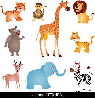 Set of wild animals cartoon vector isolated on white background Stock Vector