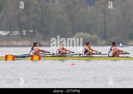Varese, Italy. 10th Apr, 2021. Aitzpea Gonzalez, Victoria Cid I Centelles, Nuria Puig Aguilo, Iria Jarama Diaz (ESP), Women's Four during European Rowing Championships 2021, Canoying in Varese, Italy, April 10 2021 Credit: Independent Photo Agency/Alamy Live News Stock Photo