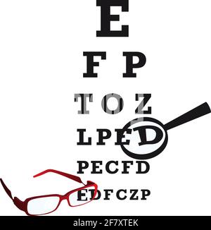 Vison Test Table With Glasses and Magnifier Glass. Vector illustration. Stock Vector